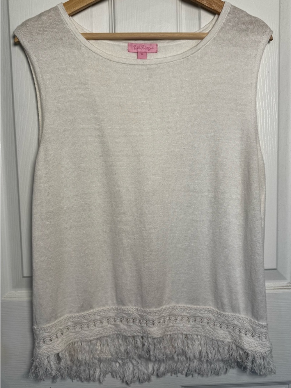 Lilly Pulitzer Linen Blend Fringe Hem Sweater Tank Ivory Boho Coastal Medium